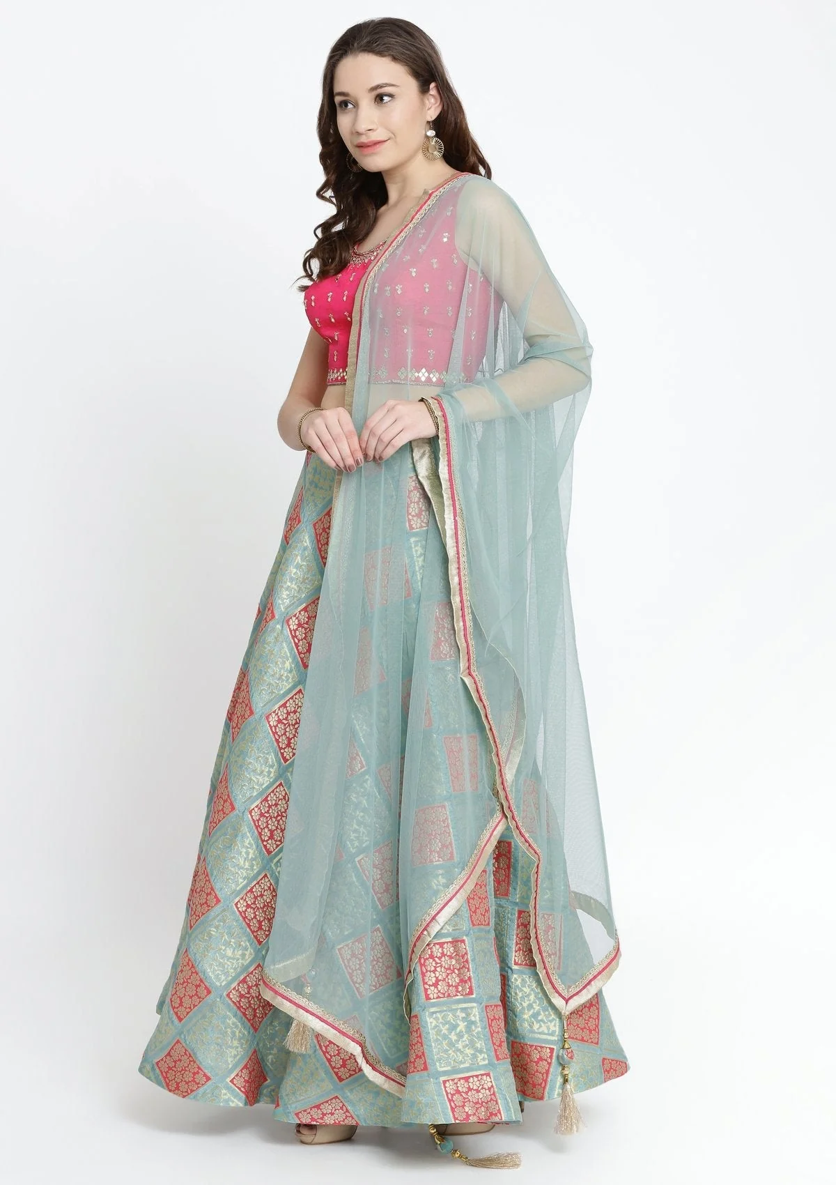 Pista Green Mirrorwork Brocade Readymade Lehenga - Image 4