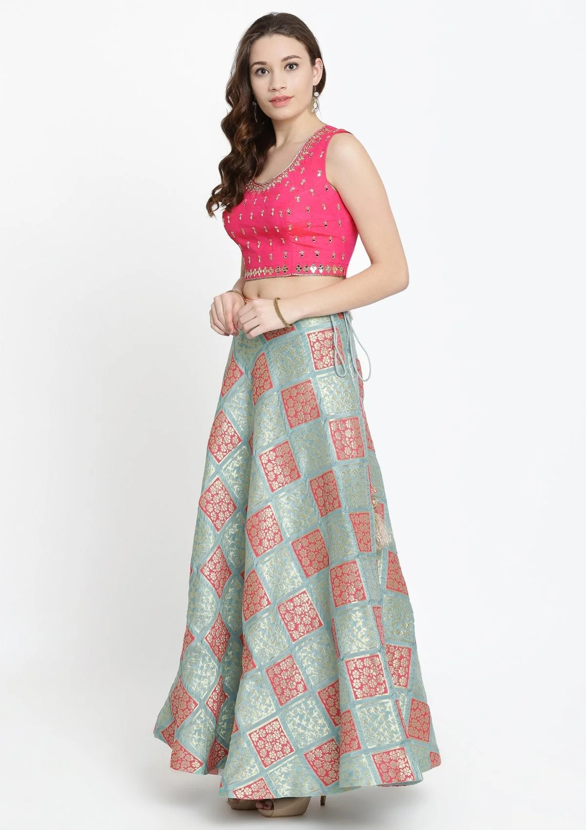 Pista Green Mirrorwork Brocade Readymade Lehenga - Image 6