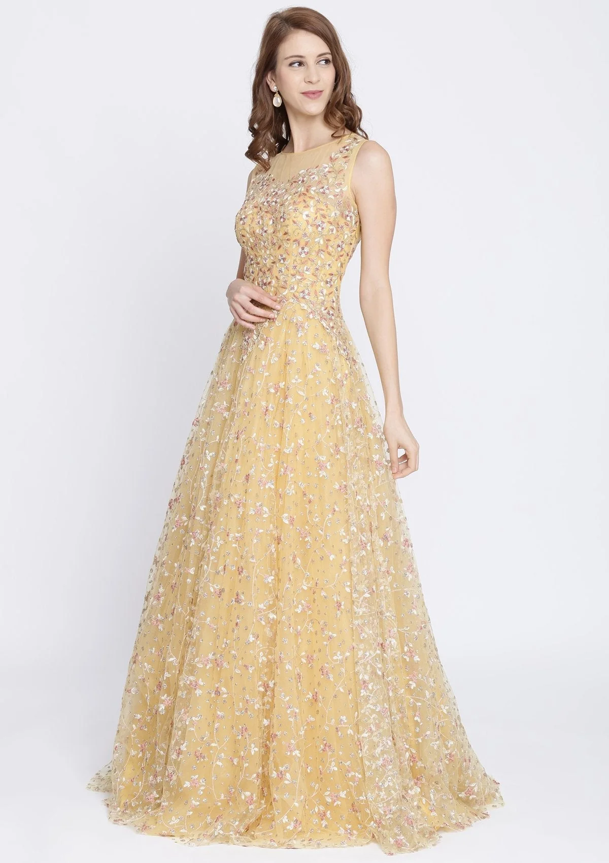 Yellow Zariwork Net Designer Gown - Image 4